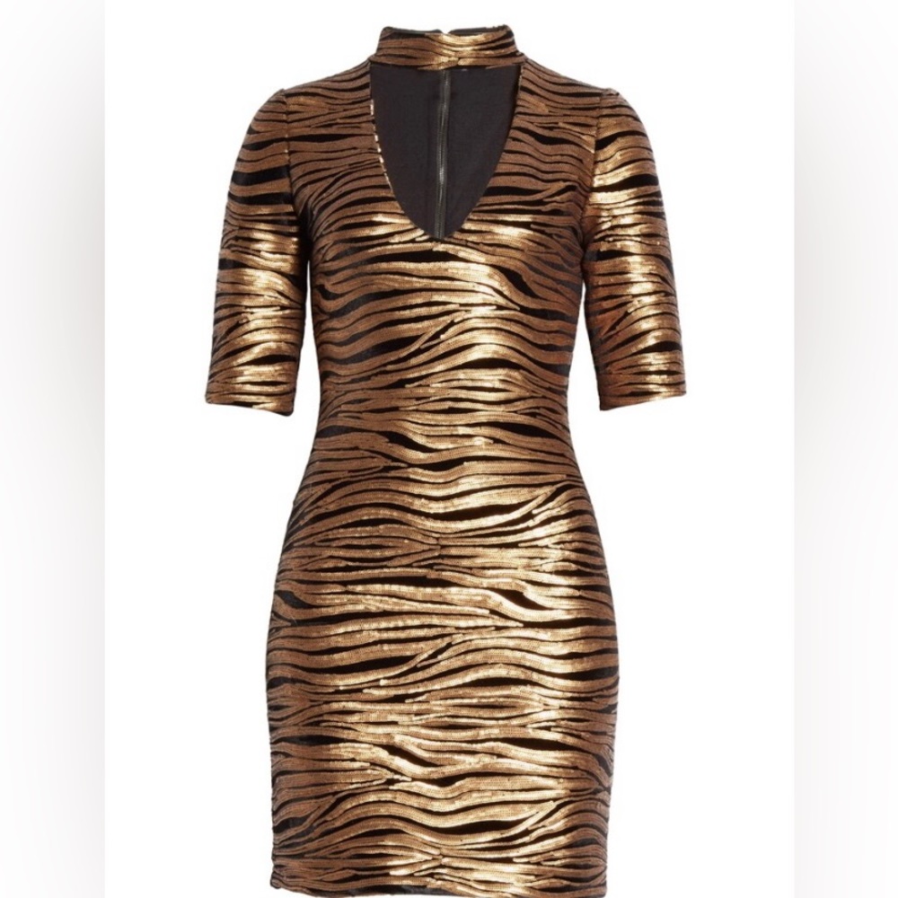 Alice + Olivia Inka Zebra Gold/Black Mini Bodycon Party Dress NWT Sz 6